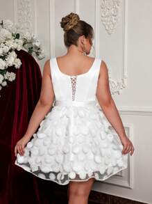 Glamrae Plus Size Elegant & Playful White Sleeveless Square Collar Short Puffy A-Line Dress, Bridal Shower, ,Party Dress, Wedding Dress, Little White Dress,Bride