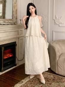 DAZY 女士 2 件纯色无袖上衣和裙子套装，简约休闲日常穿着 - 白色 - 查看 3