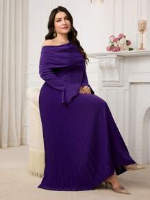 Modelyn Plus Size Elegant Party Solid Color Asymmetric Neck Trumpet Sleeve Pleated Long Dress - Purple - View 7