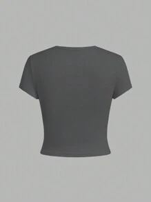 SHEIN EZwear 4pcs/Set Women Plain & Stripe Pattern Crew Neck Short Sleeve Fitted Cropped T-Shirts, Casual Summer