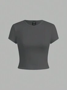 SHEIN EZwear 4pcs/Set Women Plain & Stripe Pattern Crew Neck Short Sleeve Fitted Cropped T-Shirts, Casual Summer
