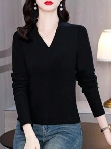Áo thun nữ cổ chữ V dài tay ôm vừa vặn gợi cảm, áo mùa xuân - màu đen - Xem 6