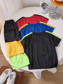 SHEIN 6pcs/Set Young Boy Multi-Color Patchwork Sports Outfit Set, Suitable For School P.E. Classes, Outdoor Jogging, Athletic Wear - Multicolor - View 2