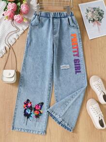 Girls Casual Butterfly & Letter Print Denim Jeans, Versatile For Daily Wear, Spring/Summer/Autumn - Blue - View 1