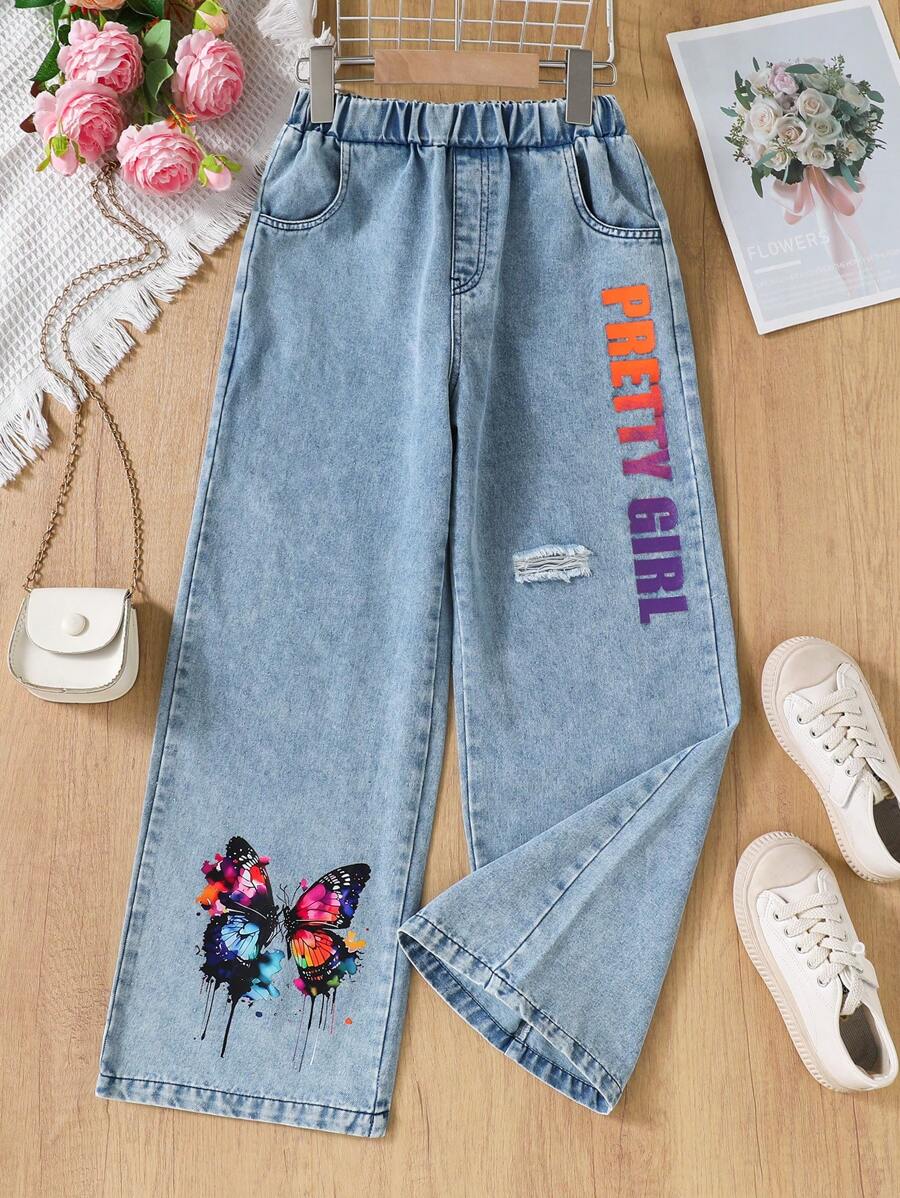 Girls Casual Butterfly & Letter Print Denim Jeans, Versatile For Daily Wear, Spring/Summer/Autumn - Blue - View 1