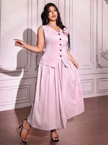 Cravure Plus Size 2pcs/Set Floral Decorated Pleat Detailed Waistcoat & A-Line Skirt - Pink - View 5