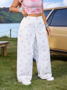 SHEIN VCAY Plus Size Women's Casual Jeans With Simple Printed Pattern, Daily Wear - White - View 1