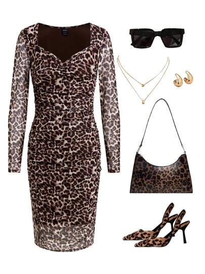 Ellevyn Vestido de punto de malla de longitud media con cuello de corazón, con fruncido y estampado de leopardo, elegante y entallado para mujer