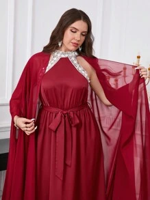 SHEIN Clasi Robe longue extra femme grande taille rouge à col montant avec décoration de sequins brillants, taille cintrée en forme de ligne A, robes printemps/été pour femmes