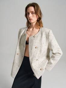 Ontre 2025 New Arrival Women's Modern & Elegant Double Breasted Padded Shoulder Boxy Loose Crew Neck Tweed Coat, Versatile For Spring Outings, Holidays, Valentine's Day
