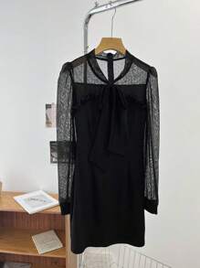 DAZY Women's Mesh Paneled Lace-Up Wrap Mini Dress, Spring/Fall Party Women Dresses Milkmaid Dress,Back To School Clothes Long Sleeve Dress - Black - View 10