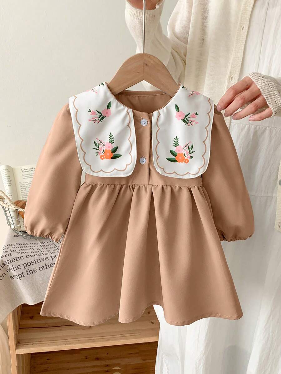 Baby Girl Casual Lightweight Simple & Cute Light Blue Daily Wear Dress, Spring & Autumn - Khaki - View 1