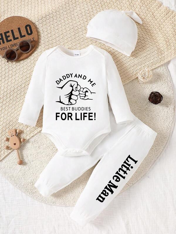 3pcs Set Baby Boy Fist Bump Letter Print Casual Romper Jumpsuit With Long Pants, Spring/Autumn