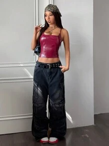 StreetHx Damska bezrękawnik w jednolitym kolorze, błyszcząca koszulka na ramiączkach, na wiosnę - Burgund - Zobacz 1