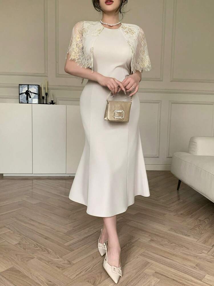 Lace Patchwork Women's Elegant Mermaid Hem Long Dress