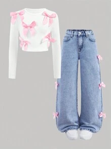 SHEIN Girlism 2 件套 Tween Girls 牛仔效果白色针织长袖 T 恤和蓝色宽松牛仔裤套装