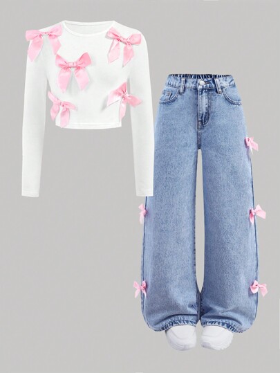 SHEIN Girlism Set da 2 pezzi per ragazze teenager: maglietta a maniche lunghe in maglia bianca effetto jeans e pantaloni jeans larghi blu