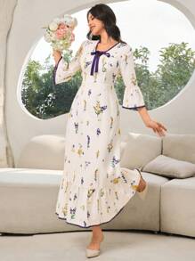 女士碎花印花系带喇叭袖连衣裙，优雅 - 彩色 - 查看 2