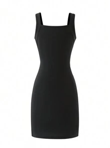 Sparklyn 青少年女孩休闲百搭运动宽肩带方领修身针织迷你连衣裙 - 黑色 - 查看 2