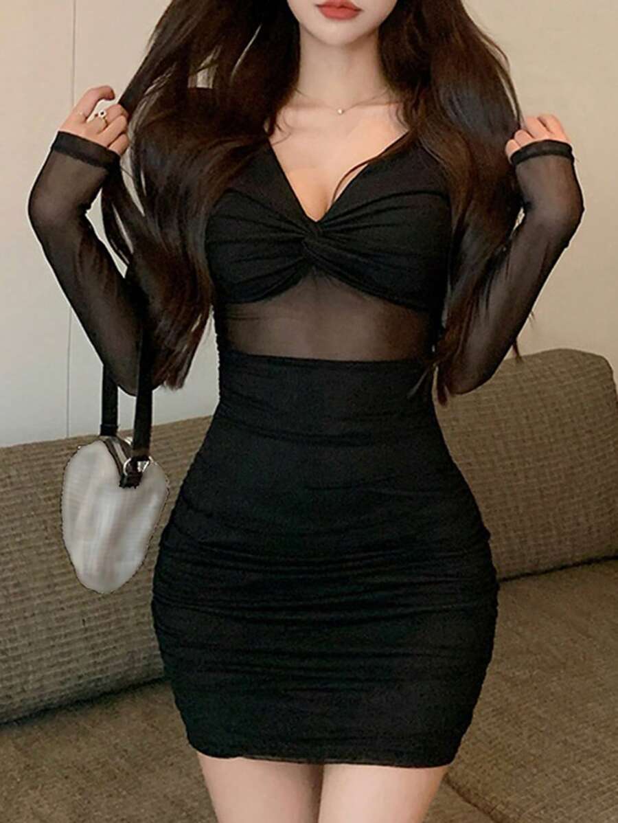 DAZY 女式网眼拼接迷你连衣裙，性感迷你紧身连衣裙，黑色，春/秋季派对女式太阳裙返校节连衣裙长袖连衣裙 - 黑色 - 查看 1