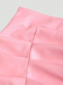 Sweetra Elegant Retro High Waist Pleated Brazilian PU Leather Side Slit Flared A-Line Mini Pink Skirt For Women Y2K Skirt  - Pink - View 3