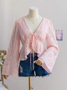 Soleia Blusa donna con scollo a V, maniche a sbuffo, orlo con volant, in tessuto lavorato a maglia rosa, adatta per vacanze, San Valentino, estate, compleanni, Mardi Gras e altre occasioni - Rosa - Visualizzare 8