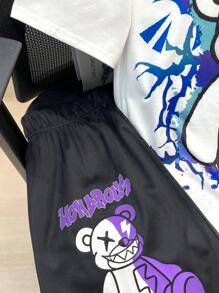 SHEIN Set de 2 piezas para niño adolescente con camiseta de manga corta de estilo suelto y casual con estampado de oso y un short a juego; ropa para primavera; ropa para niños adolescentes; chaquetas para niños adolescentes, de vuelta a la escuela en primavera