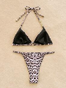 SHEIN VCAY Bộ bikini buộc dây họa tiết da báo cho nữ - Nhiều màu - Xem 2