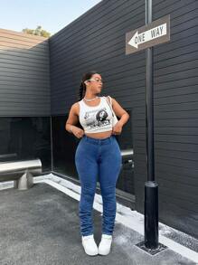 SHEIN EZwear Jeans casuales ceñidos con drapeado de talla grande para mujeres