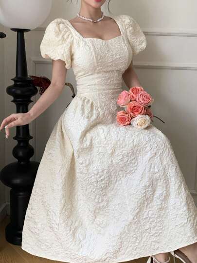 DAZY 女士花卉提花甜心领泡泡袖优雅连衣裙，返校服装