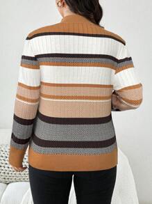 EMERY ROSE Plus Size Knitted Striped Sweater With High Collar For Fall Valentine's Day