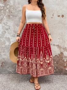 Breezaya Plus Size Gold Foil Printed Casual Skirt