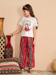 Tween Girls 斋月开斋节主题印花 T 恤和几何印花裤 2 件套 - 彩色 - 查看 4