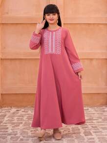 Tween Girl Elegant Embroidered Long Dress - Pink - View 4