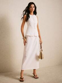 Poéselle Summer Linen Vest And Skirt Two-Piece Set For Women, Old Money Style Sleeveless Buttoned Top, Beach Skirt, Women's Pencil Skirt, White Two-Piece Set, Casual Wear, Comfortable Fabric, Breathable And Soft, Office Women's Clothing, Daily Vacation Wear, Beach Vacation Clothing