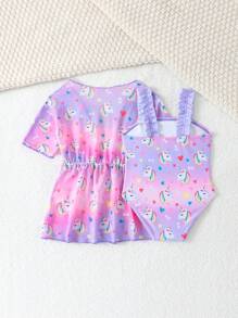 Babymeisje Ombre Eenhoorn Print Eendelig Badpak Met Cover-Up