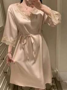 DAZY Camisón de pijama holgado con parches de encaje y mangas 3/4 para mujer