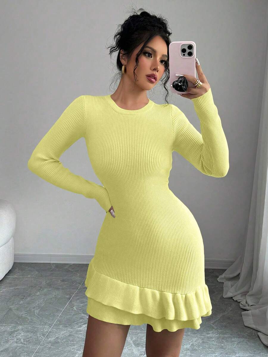 Elenzga Vestido de suéter con cuello redondo, manga larga, ajustado y con volantes en el dobladillo para mujer - Amarillo - Ver 1