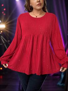 SHEIN LUNE Camiseta brillante de manga larga casual para fiestas y vacaciones de otoño/invierno para mujer talla grande
