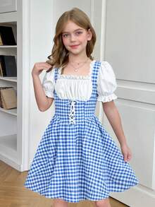 SHEIN Leap Crew Tween Girls Elegant Vintage Blue Plaid Patchwork Puffle Short Sleeve Dress, Suitable For Casual Daily Wear - Blue - View 6