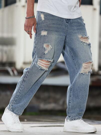 Manfinity Roughcore Men Loose Fit Ripped And Washed Jeans, Ripped Baggy Jeans, Boyfriend Jeans, Loose Jeans, Oversized Jeans, Streetwear Jeans