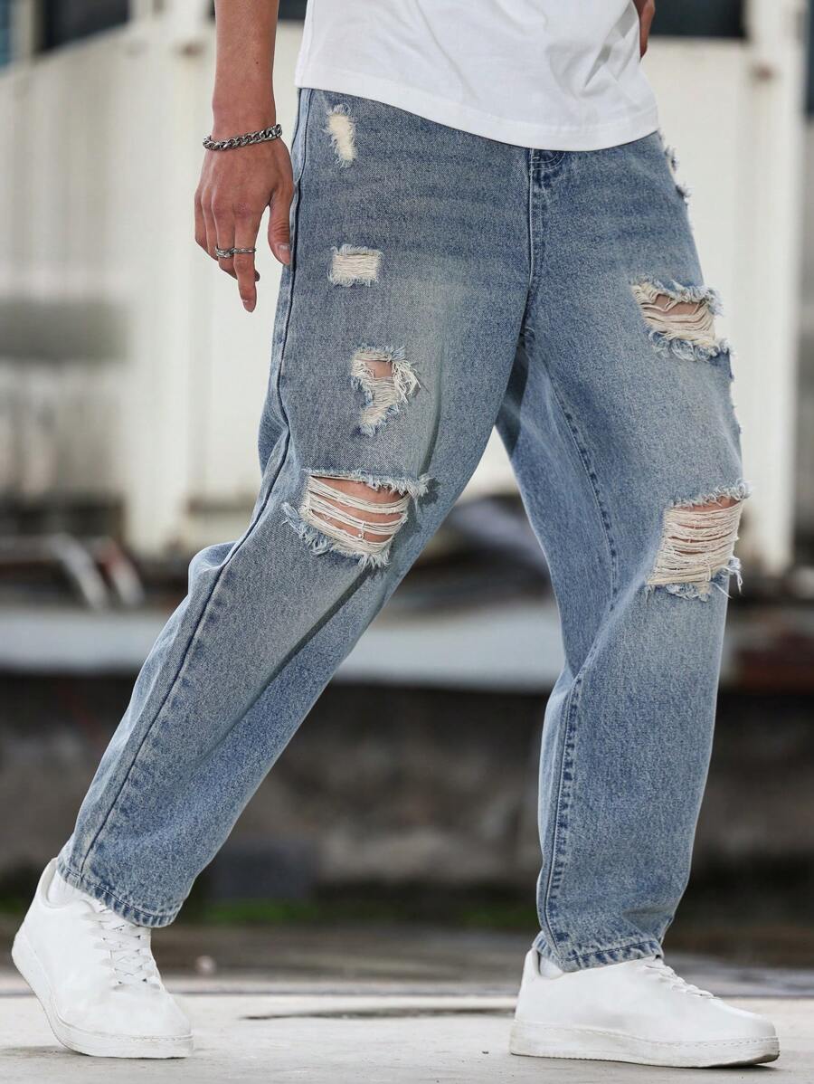 Manfinity LEGND Quần jean nam dáng rộng rách và giặt - Màu Xám nhạt - Xem 1