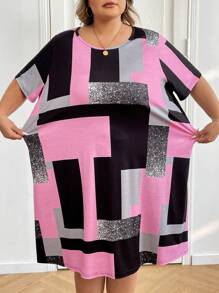 SHEIN CURVE+ Plus Size Women's Asymmetrical Color Block Patterned Splice Print Casual Round Neck Short Sleeve Knee-Length Dress, For Summer