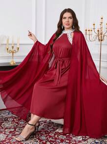 SHEIN Clasi Robe longue extra femme grande taille rouge à col montant avec décoration de sequins brillants, taille cintrée en forme de ligne A, robes printemps/été pour femmes
