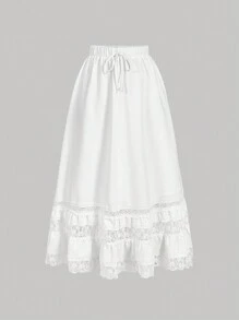 SHEIN MOD Falda blanca de cintura alta con dobladillo acampanado y aplicación de encaje en contraste, ropa de resort para mujer, atuendos de campo para mujer, falda de vacaciones, atuendos de playa, falda fluida, ropa bohemia para mujer - Blanco - Ver 1
