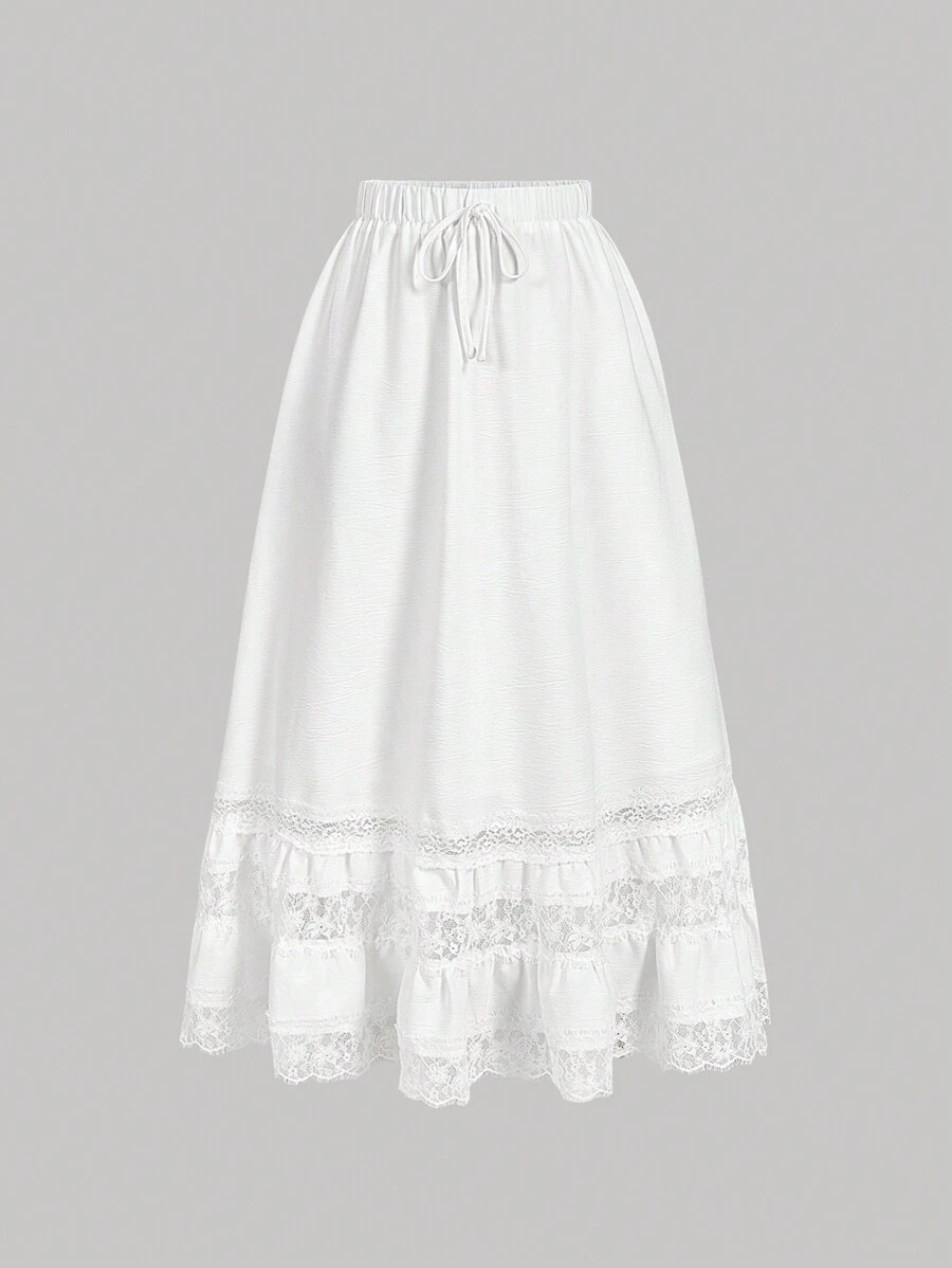SHEIN MOD Falda blanca de cintura alta con dobladillo acampanado y aplicación de encaje en contraste, ropa de resort para mujer, atuendos de campo para mujer, falda de vacaciones, atuendos de playa, falda fluida, ropa bohemia para mujer - Blanco - Ver 1