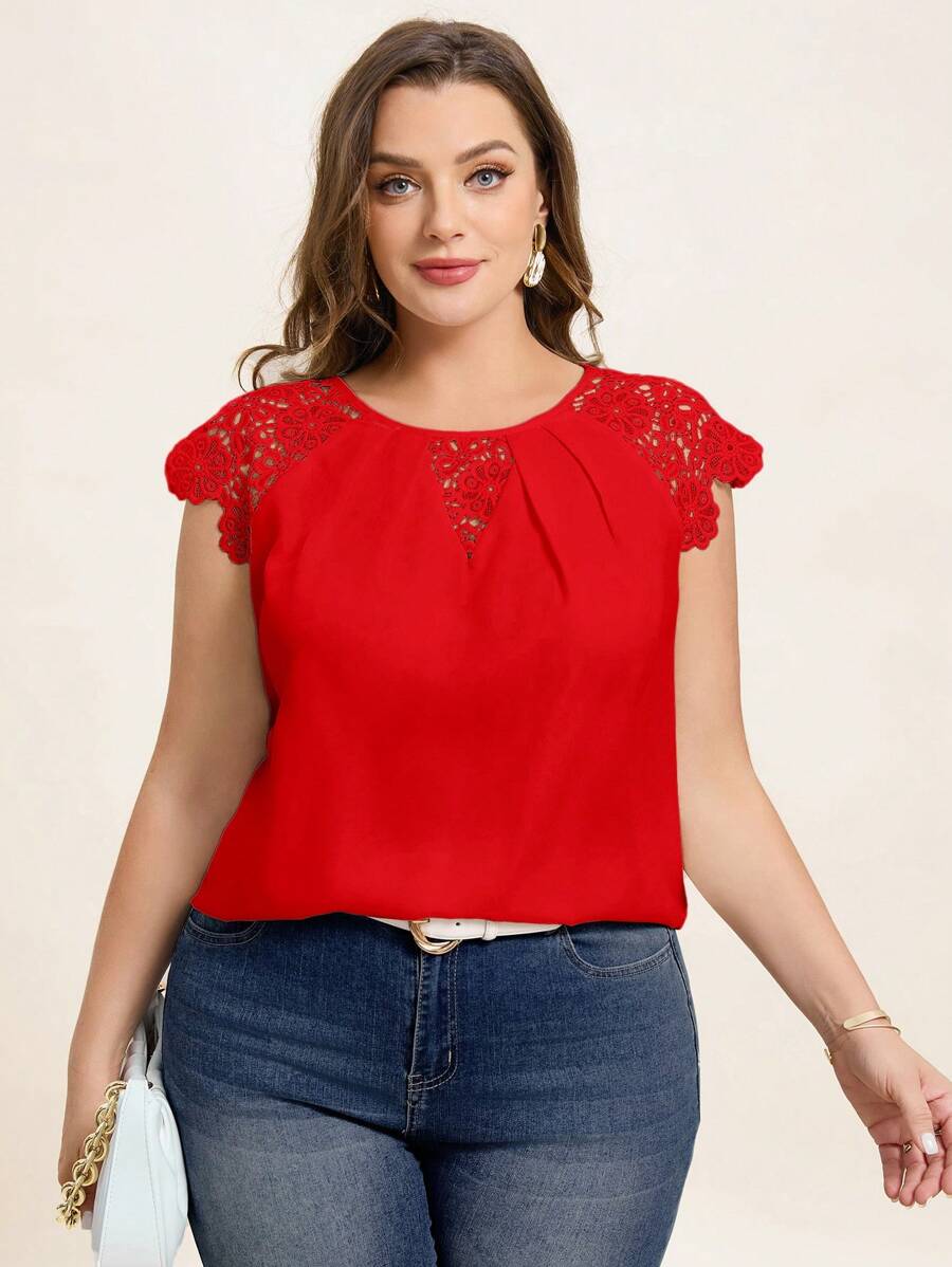 Chikora Blusa holgada de talla grande de unicolor simple con aplicación de encaje, top rojo para el verano - Rojo - Ver 1