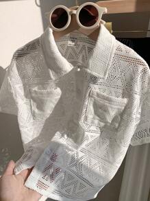 SHEIN 2件套男童夏季休闲纯色镂空短袖衬衫和短裤 - 彩色 - 查看 8