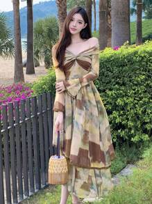 DAZY Botanical Print Floral Trumpet Sleeve Ruffle Trim Contrast Shoulder Midi Dress For Women,Fall Dress Long Sleeve Dress Off Shoulder Vacation Outfits Women - Multicolor - View 6