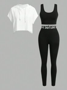 Easithlete Women Solid Color Round Neck Hooded T-Shirt And Leggings Sports Suitwomen Workout Set